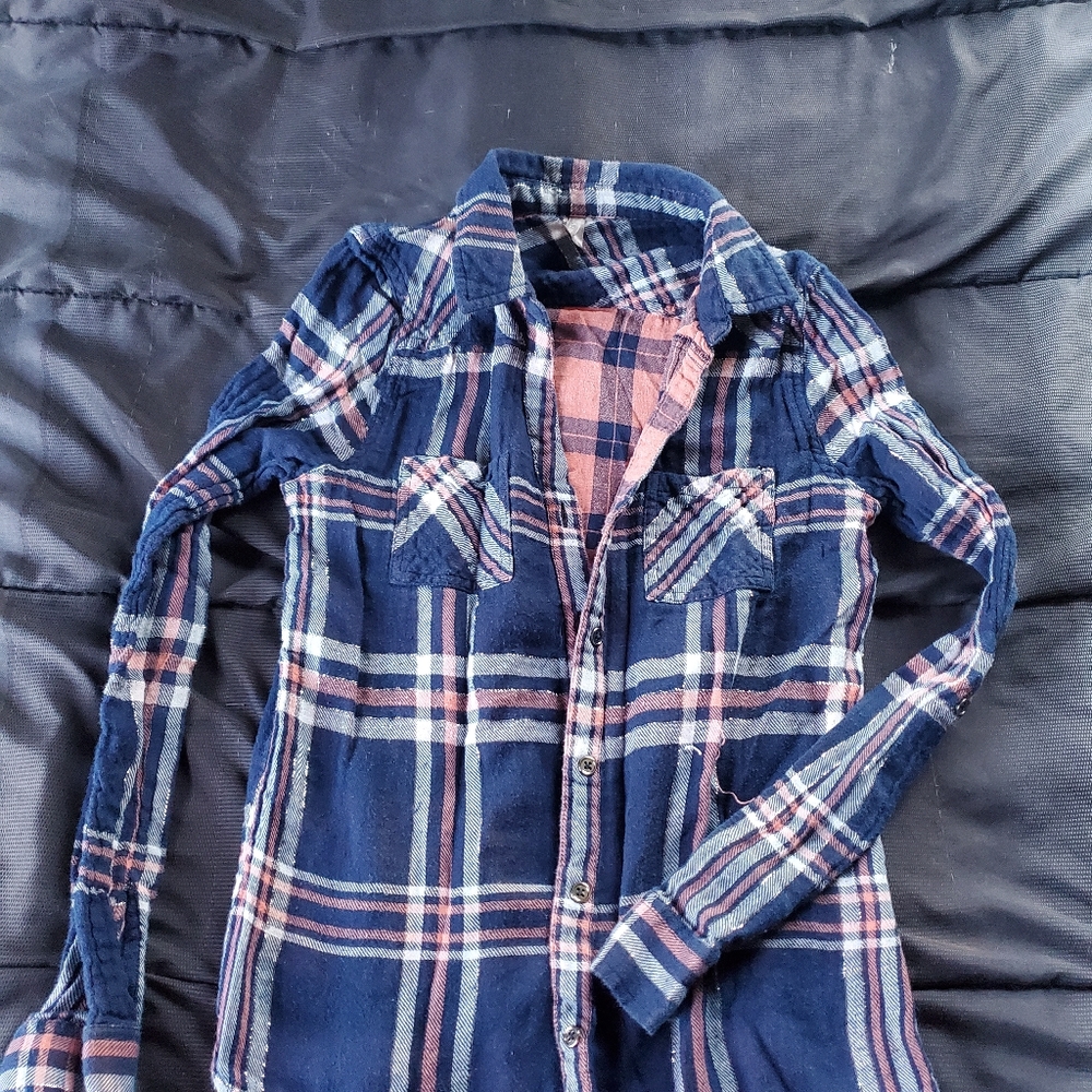 women small button up flannel blue pink ivory - Picture 1 of 1